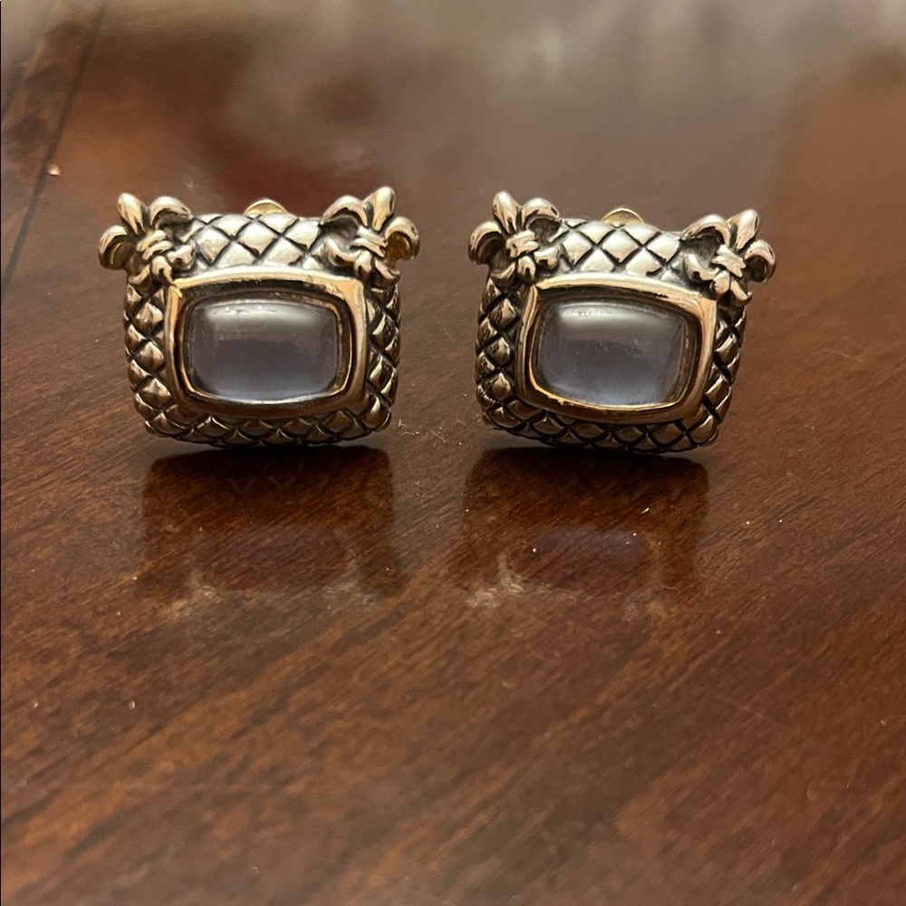 Silver and Gold Tone Earrings with Blue Color Like Stone